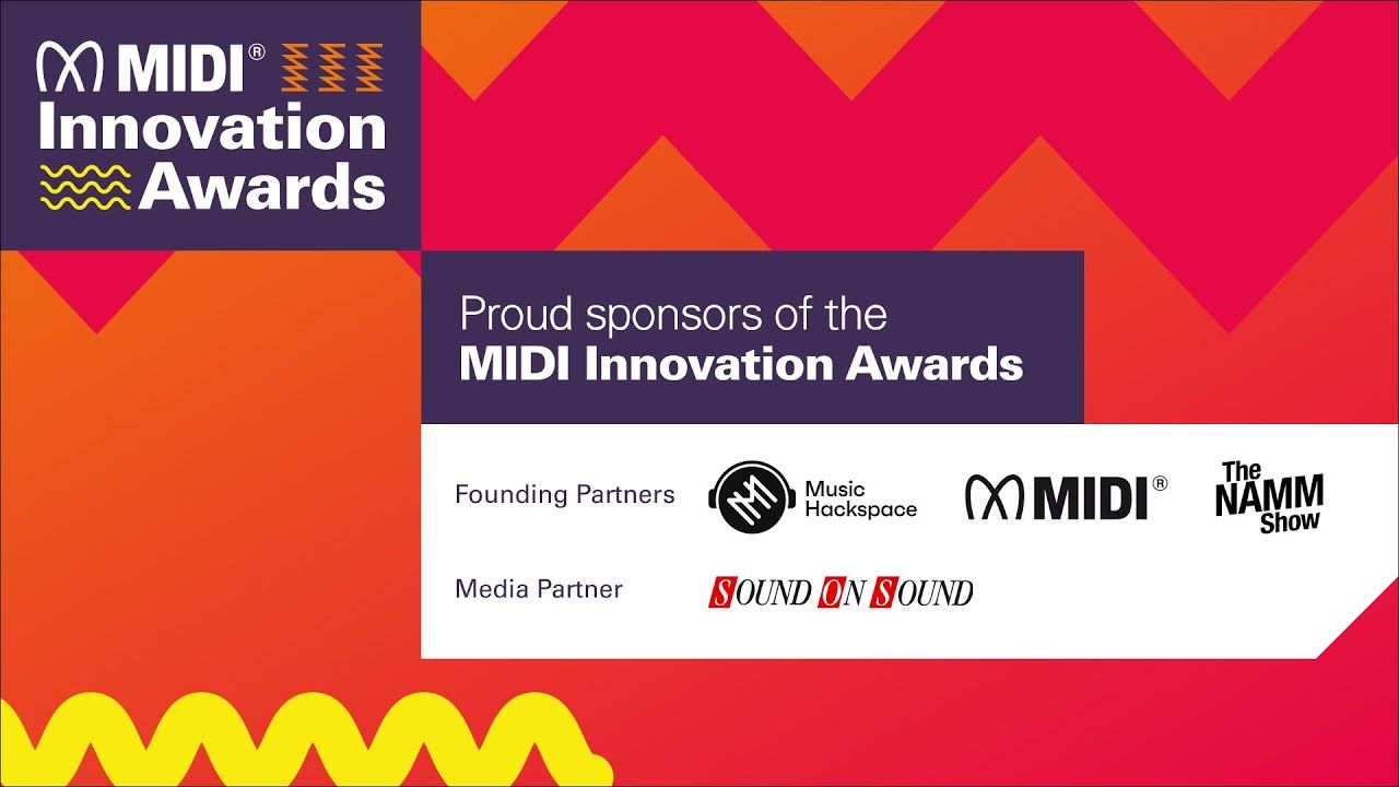 A promotional graphic for the MIDI Innovation Awards featuring logos of MIDI, The NAMM Show, Music Hackspace, and Sound On Sound, with a colorful zigzag background and text highlighting sponsorship.