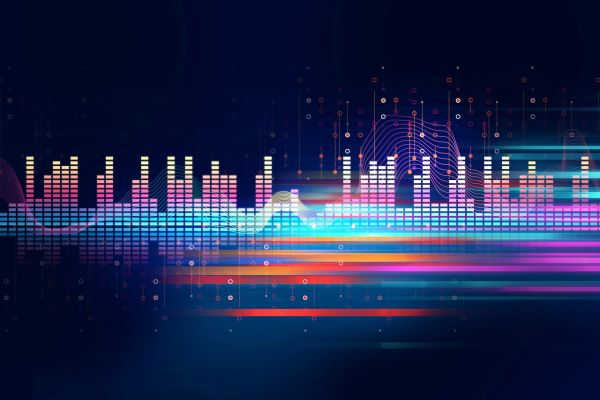 Colorful digital equalizer bars and sound waveforms on a dark background, with abstract glowing lines and dots representing audio or music visualization.