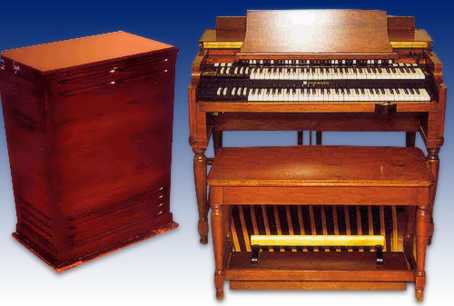 A wooden Hammond organ with two keyboards and a pedalboard sits next to a matching Leslie speaker cabinet against a blue gradient background.
