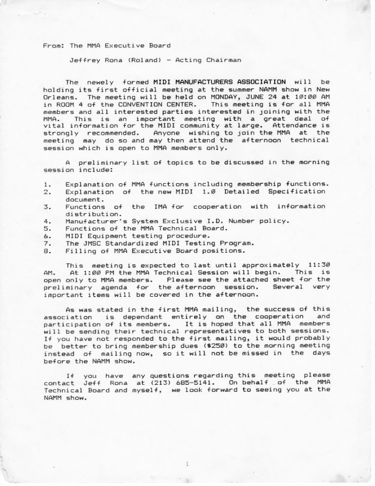 A typed memo from the MMA Executive Board, signed by Jeffrey Rona, announces the first MMA meeting at the 1985 NAMM show, outlining topics such as membership, MIDI specification, and cooperation with MIDI manufacturers.