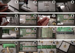 A 16-step photo collage shows the process of disassembling an electronic device, including unscrewing, removing the back cover, exposing the circuit board, and revealing internal components and wiring in each step.