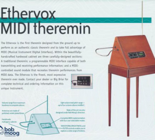 Promotional poster for the Ethervox MIDI theremin, featuring an image of the wooden instrument on tall legs, a small control panel, descriptive text, and the Bob Moog Foundation logo in the lower left corner.