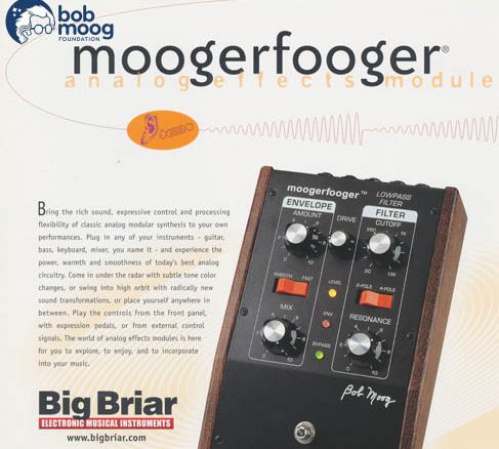An advertisement for the Moogerfooger analogue effects module by Big Briar, featuring a photo of the device with knobs and switches, the Bob Moog Foundation logo, and descriptive text about its features.
