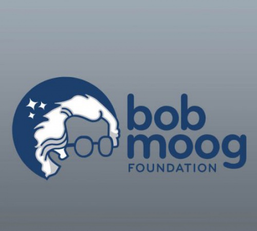 Logo of the Bob Moog Foundation featuring a stylized illustration of a persons hair and glasses with stars in a blue circle, next to the text bob moog foundation on a gray background.