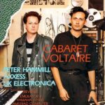 Two men stand in a music studio surrounded by synthesizers and equipment. The magazine cover headline reads Music Maker with features on Cabaret Voltaire, Peter Hammill, Axxess, UK Electronica, and various music gear.