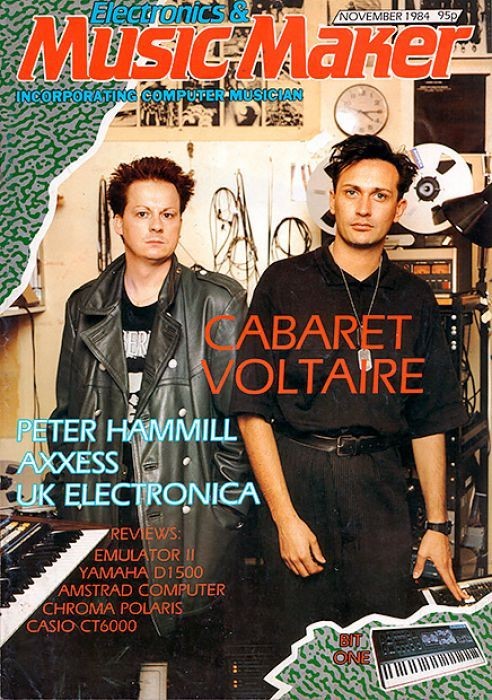 Two men stand in a music studio surrounded by synthesizers and equipment. The magazine cover headline reads Music Maker with features on Cabaret Voltaire, Peter Hammill, Axxess, UK Electronica, and various music gear.