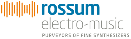 Logo for Rossum Electro-Music featuring stylized orange sound waves, blue and gray text reading “rossum electro-music,” and the tagline “Purveyors of Fine Synthesizers” in gray below.