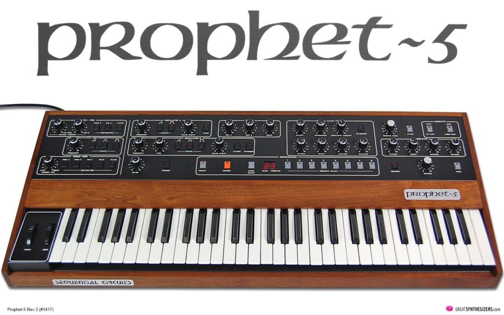 A vintage Sequential Circuits Prophet-5 synthesizer with wooden panels, black and white keys, and various knobs and switches, shown beneath a large prophet~5 logo.