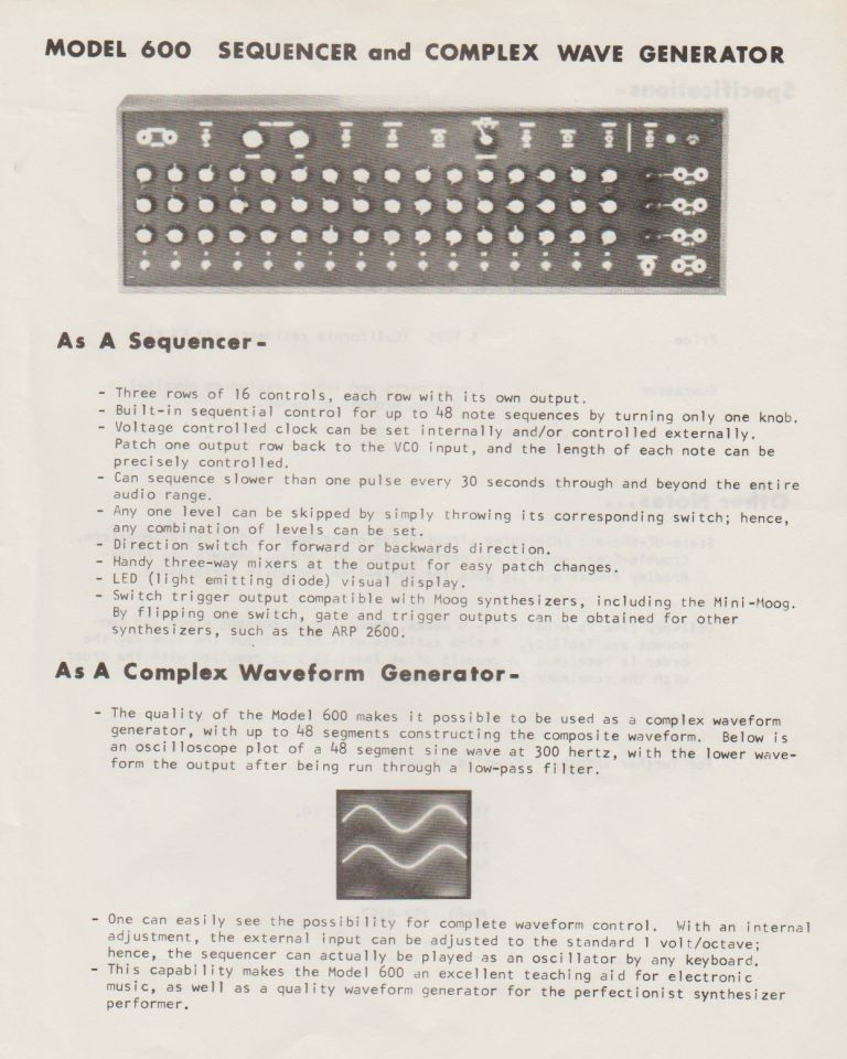 A vintage black-and-white brochure for the Model 600 Sequencer and Complex Wave Generator, featuring an image of the device’s front panel with knobs and switches. Text describes its sequencer and waveform generator functions.