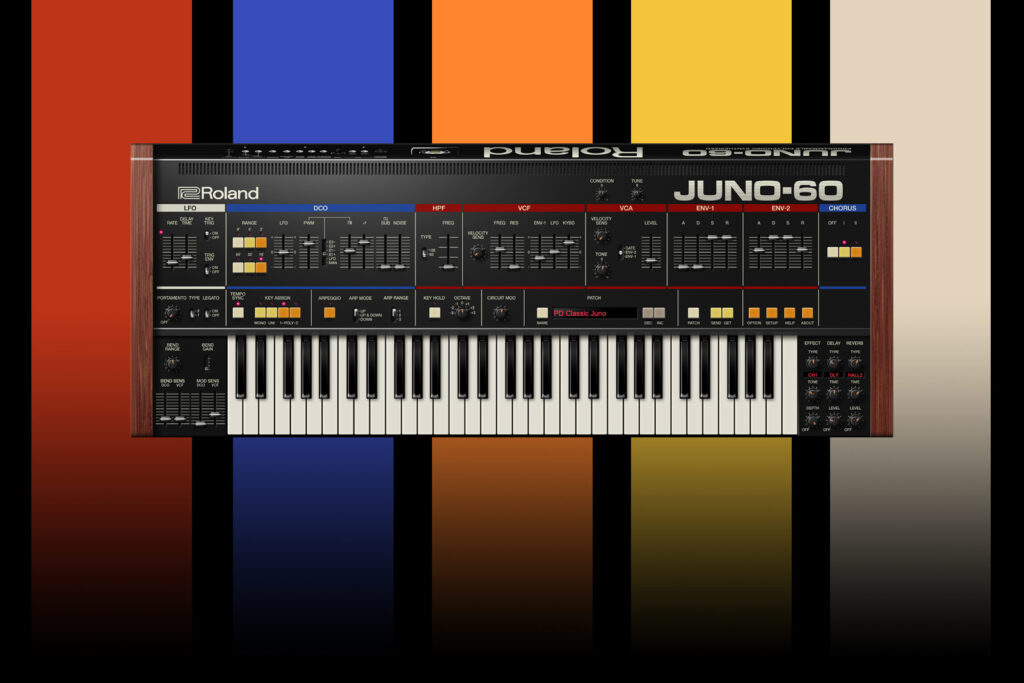 A Roland Juno-60 synthesizer with wood paneling is centered on a background of vertical stripes in red, blue, orange, yellow, and black.