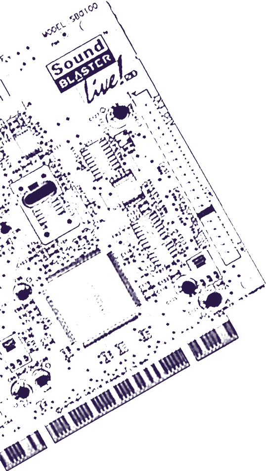 Partial view of a computer sound card, labeled Sound Blaster Live! with visible electronic components and circuit traces on a dark background.