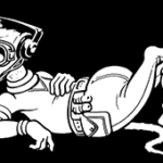 A cartoon rat wearing a headset, goggles, and a jumpsuit lounges on its side with a relaxed expression. Its tail and one foot are visible, and one hand rests on its belly. The background is black.