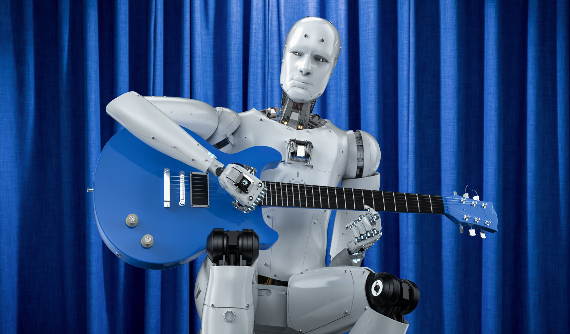 A humanoid robot sits in front of blue curtains, playing a blue electric guitar. The robot appears focused, with its hands positioned on the strings and frets of the guitar.
