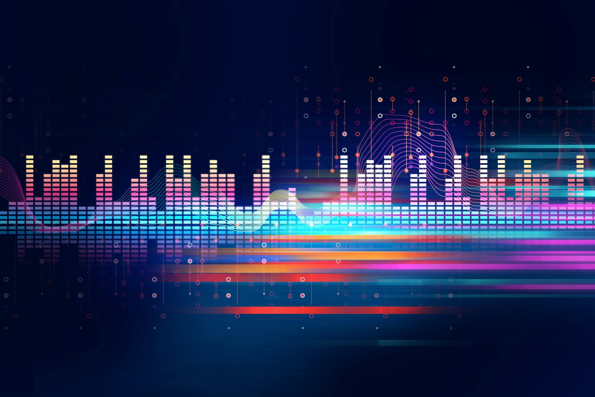 Colorful digital soundwave and equalizer bars on a dark background with abstract light trails and dots, representing music, audio technology, or data visualization.