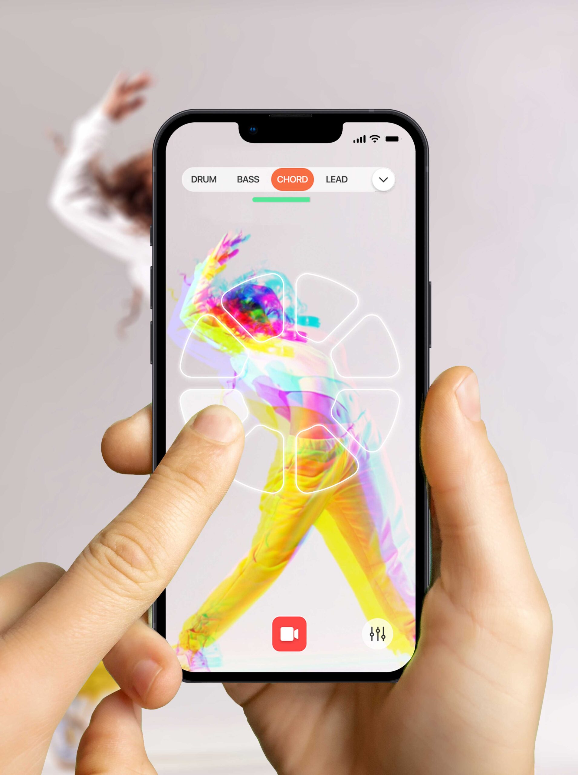 A person holds a smartphone with an app open, showing a colorful, abstract image of a dancing person. Fingers touch the screen, interacting with musical options labeled drum, bass, chord, and lead.
