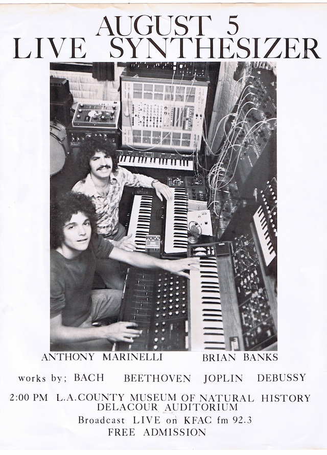 Black-and-white poster featuring two men surrounded by synthesizers and music equipment, announcing an August 5 “Live Synthesizer” event with Anthony Marinelli and Brian Banks at the L.A. County Museum of Natural History.