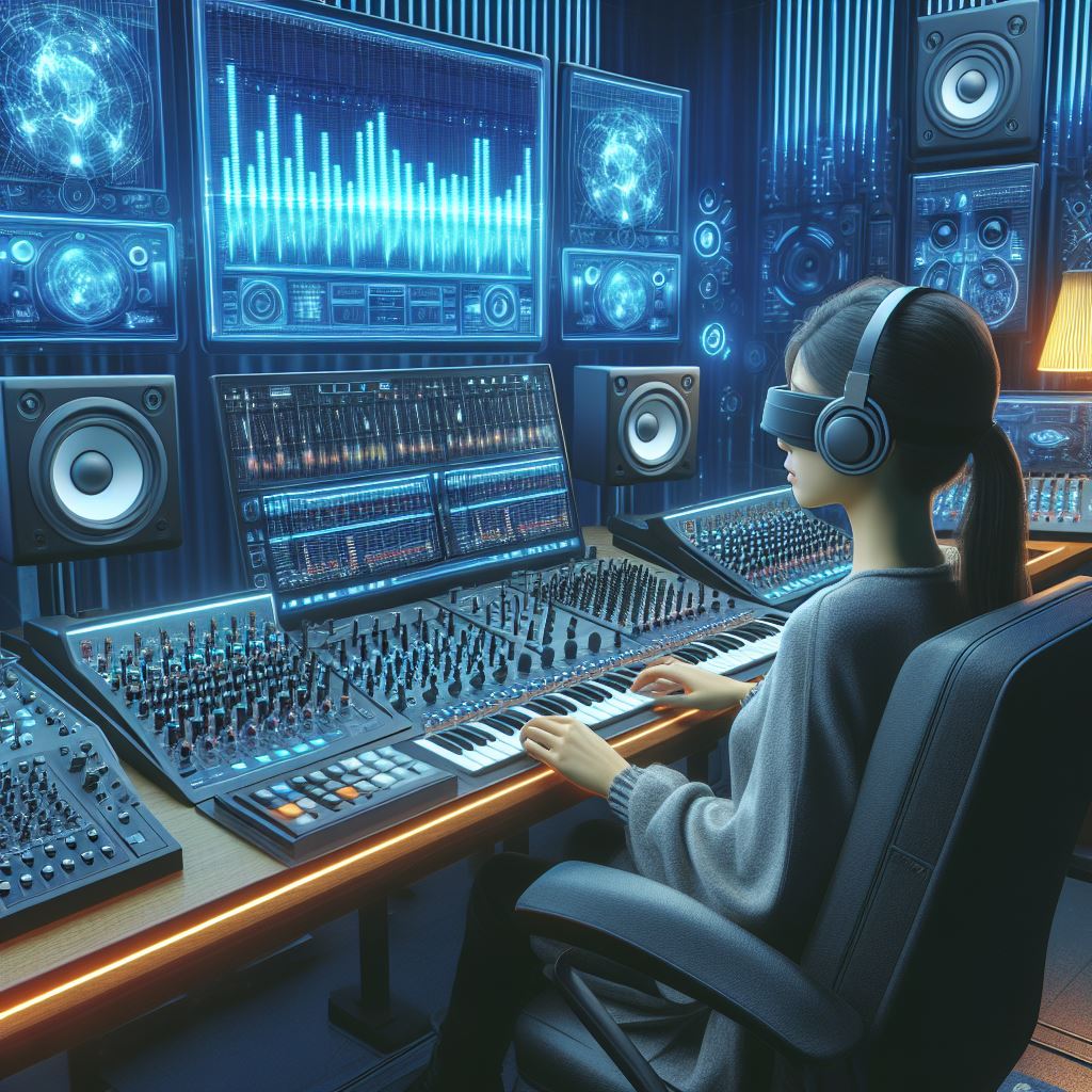 A person wearing headphones and VR goggles sits at a desk surrounded by synthesizers, mixing consoles, and large monitors displaying music waveforms in a futuristic, high-tech music studio.
