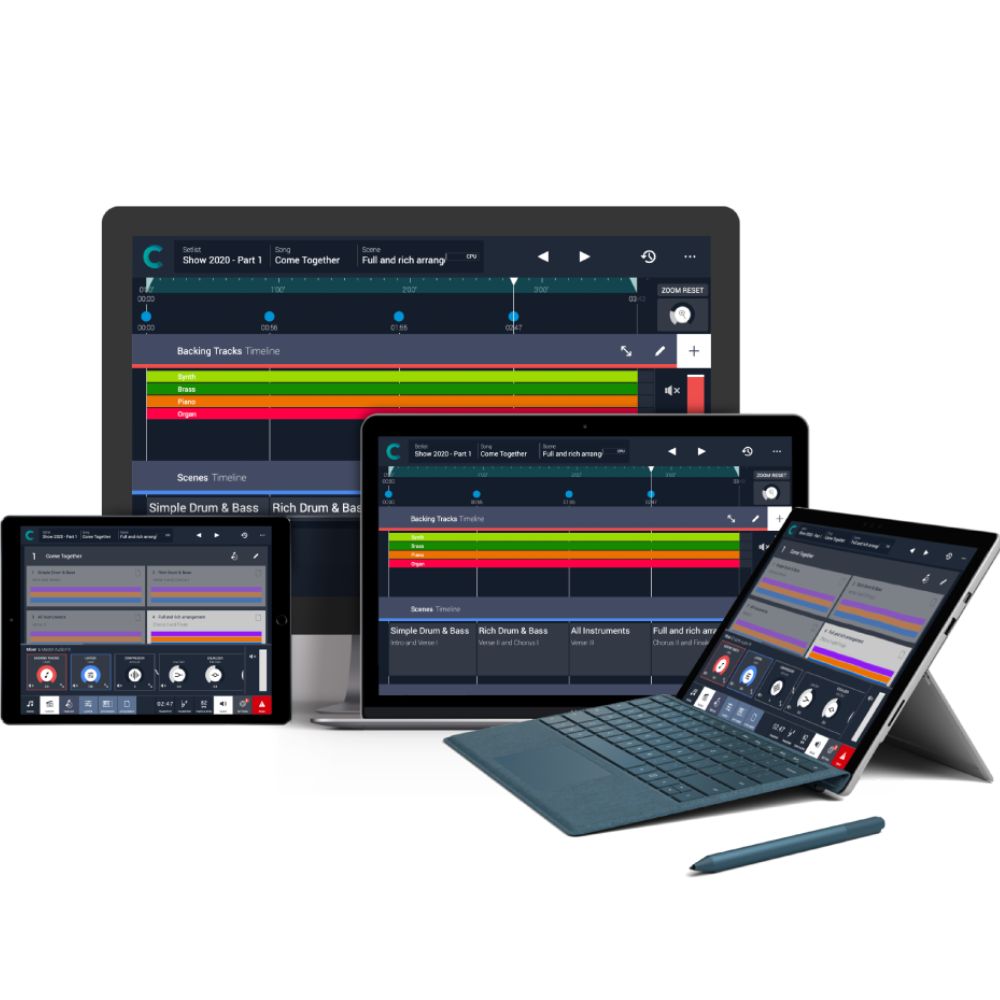 A tablet, laptop, and two-in-one device display music production software with colorful audio tracks and controls on their screens. A stylus pen is placed in front of the two-in-one device.