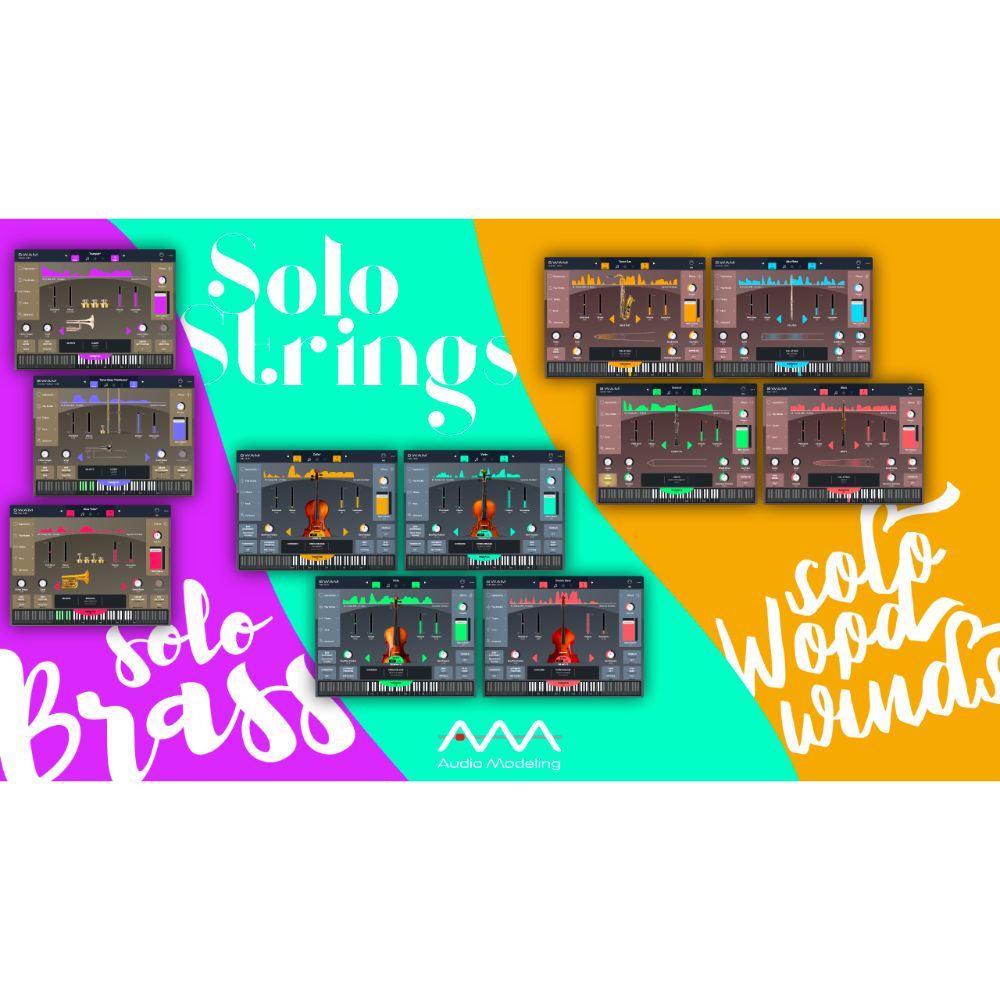 Colorful graphic with digital audio plugin interfaces for strings, brass, and woodwind instruments, labeled Solo Strings, Solo Brass, and Solo Woodwinds. Audio Modeling logo is at the bottom center.