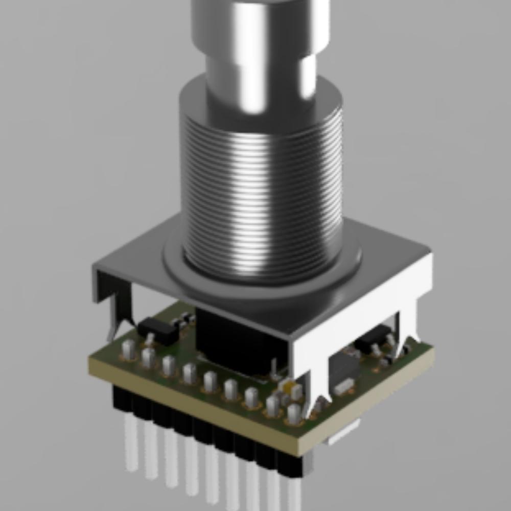 A close-up view of an electronic rotary encoder with a metal shaft, threaded housing, and a small circuit board featuring several pins and electronic components. The background is plain and neutral.