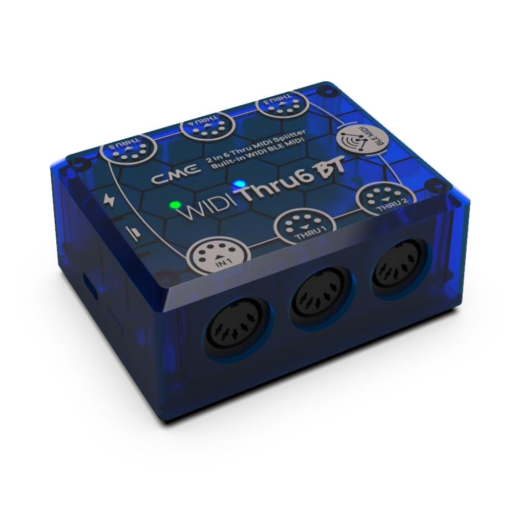 A blue, transparent MIDI splitter box labeled MIDI Thru 6 BT with three MIDI ports (IN, Thru 1, Thru 2) and several round MIDI connector icons on top.