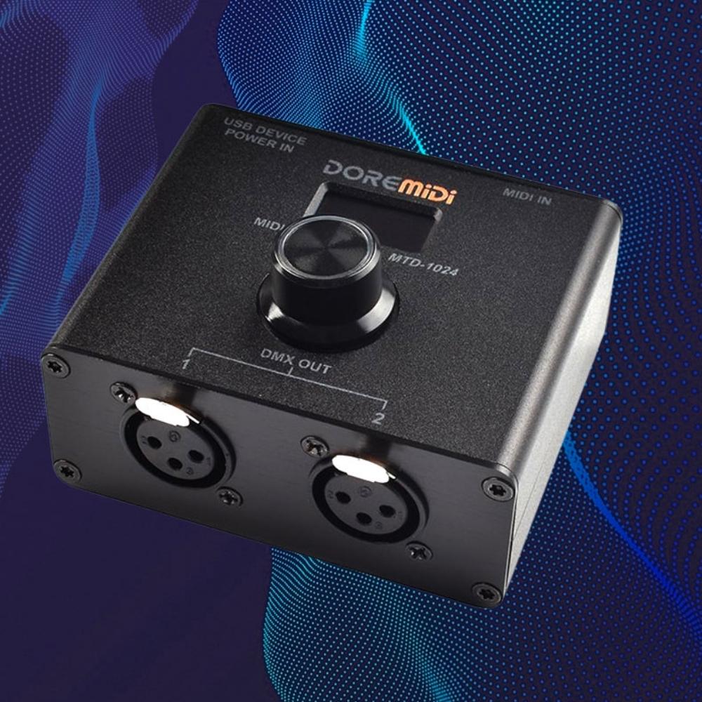A black DOREMiDi MIDI to DMX converter box with two DMX OUT ports, a central control knob, and labeled USB device and MIDI IN ports, photographed against a blue abstract background with wavy lines.