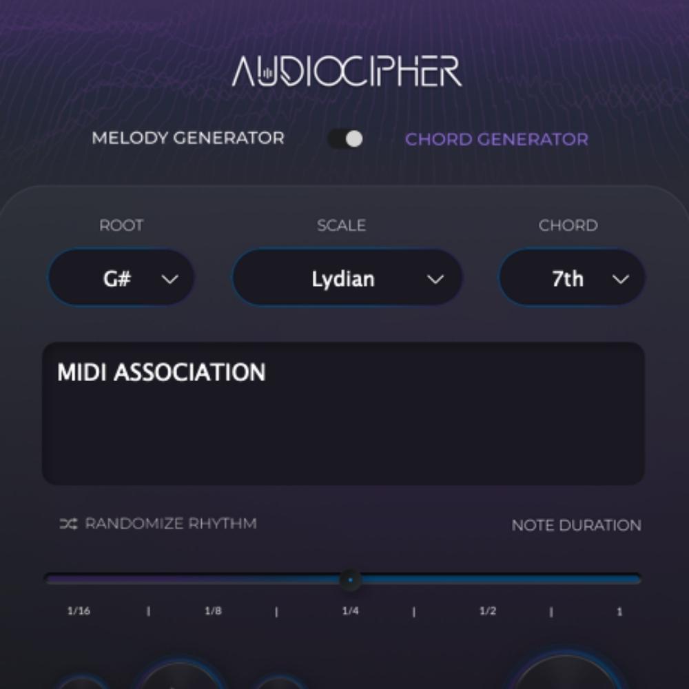 A digital interface for AudioCipher’s chord generator displays settings for root note (G#), scale (Lydian), and chord type (7th), with options for randomizing rhythm and adjusting note duration.