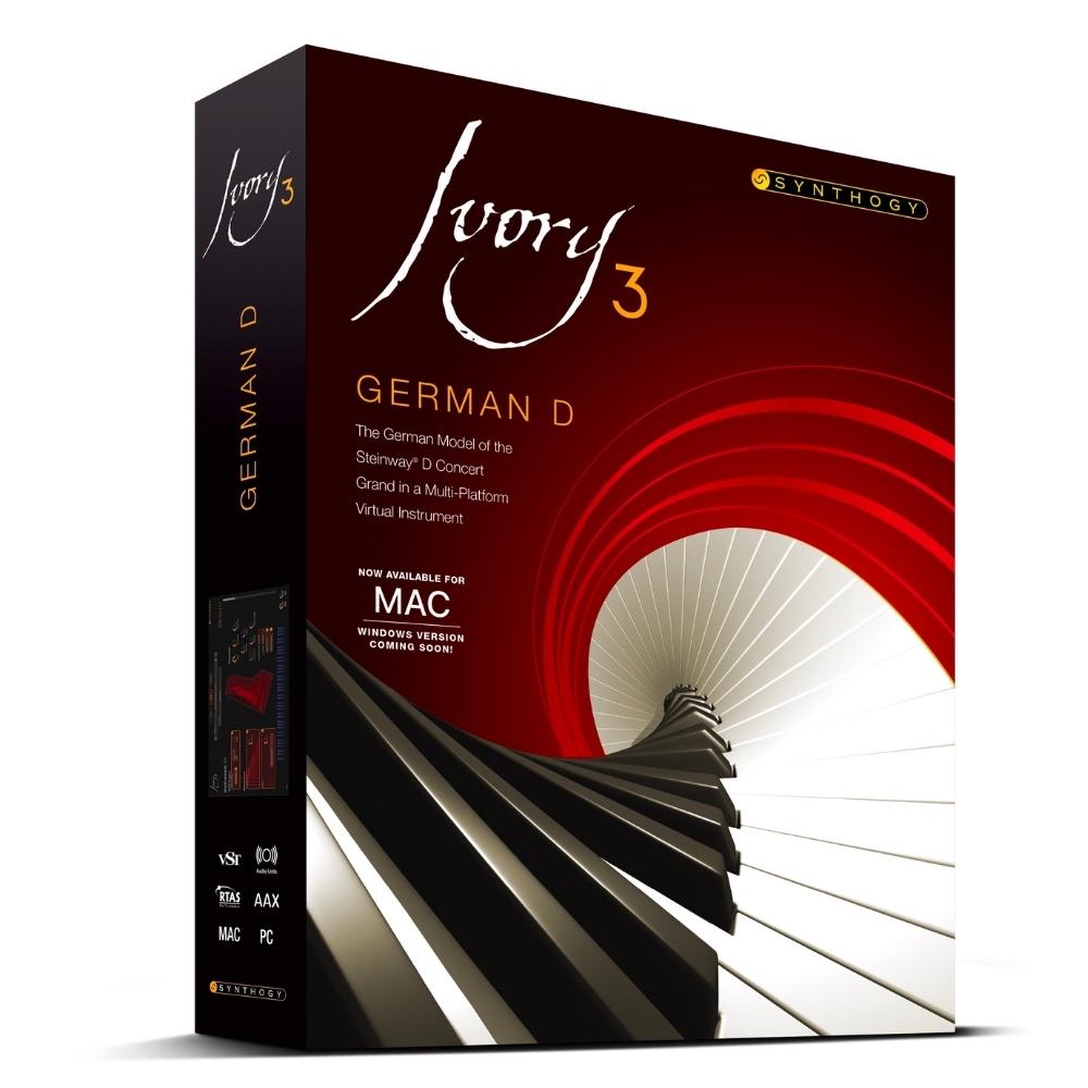 A product box for Synthogy Ivory 3 German D virtual piano software, featuring a spiral of black and white piano keys against a red background. The box highlights compatibility with Mac and mentions an upcoming Windows version.
