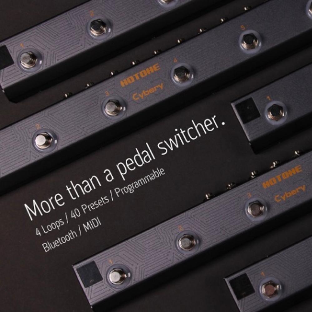 Multiple HOTONE Cybery pedal switchers are arranged diagonally on a dark surface. Text reads: More than a pedal switcher. 4 Loops | 40 Presets | Programmable | Bluetooth / MIDI.