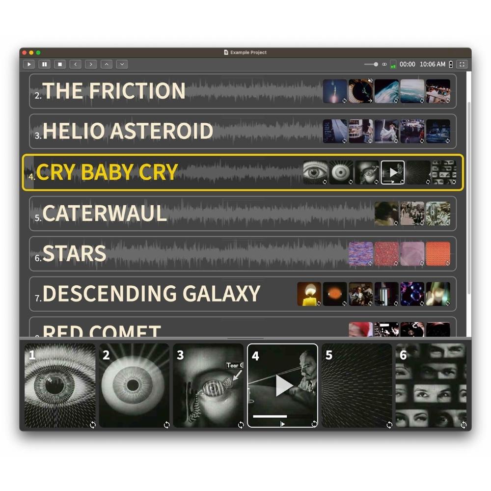 A computer screen shows a music editing project with tracks named The Friction, Helio Asteroid, Cry Baby Cry, and more. Cry Baby Cry is highlighted, with video thumbnails and waveforms visible for each track.