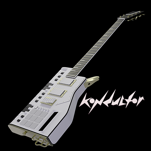 A futuristic electric guitar with a keyboard integrated into its body, featuring a metallic finish and sharp, angular design. The word Konduktor is written in a stylized font beside the instrument.