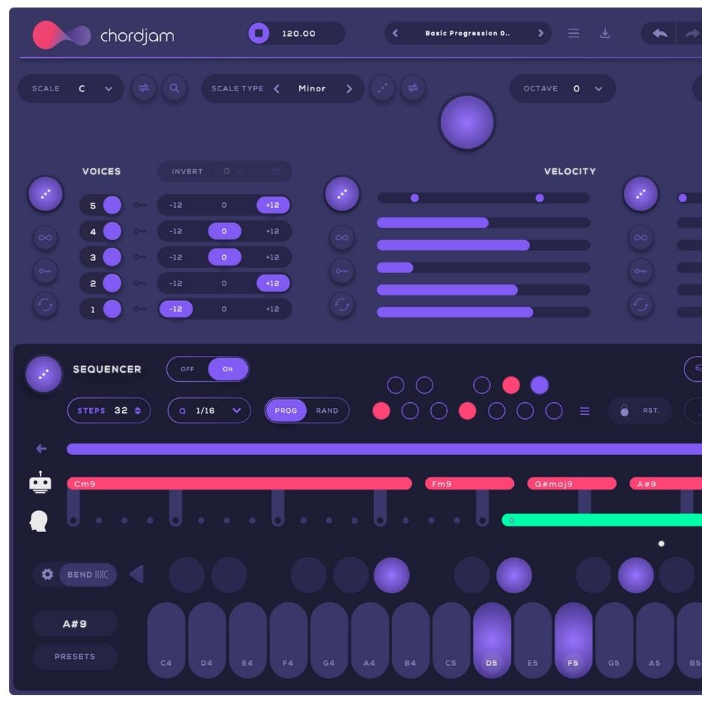 A digital music software interface with purple and pink controls, sliders, buttons, and sequencer patterns for adjusting voices, velocity, and creating musical arrangements.