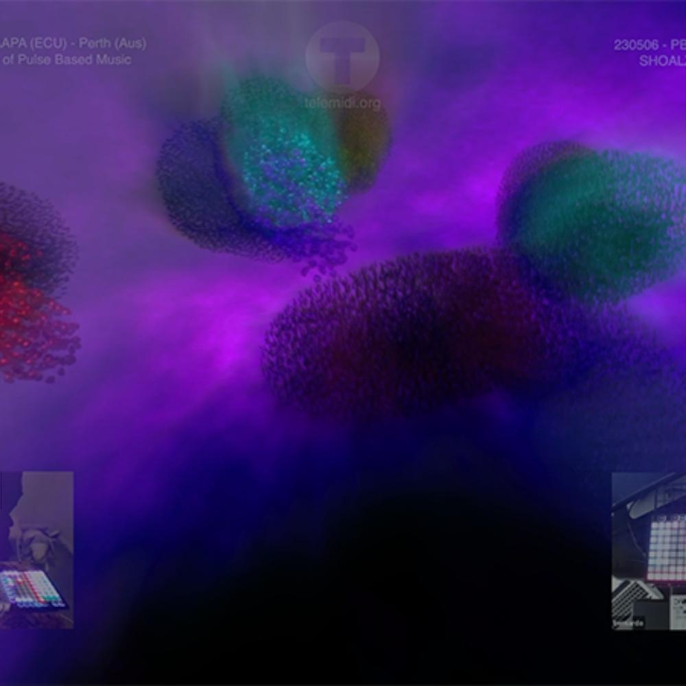 Abstract digital art featuring clusters of small dots in red, green, and purple on a hazy purple background. Two small insets at the bottom show electronic music equipment with glowing buttons.