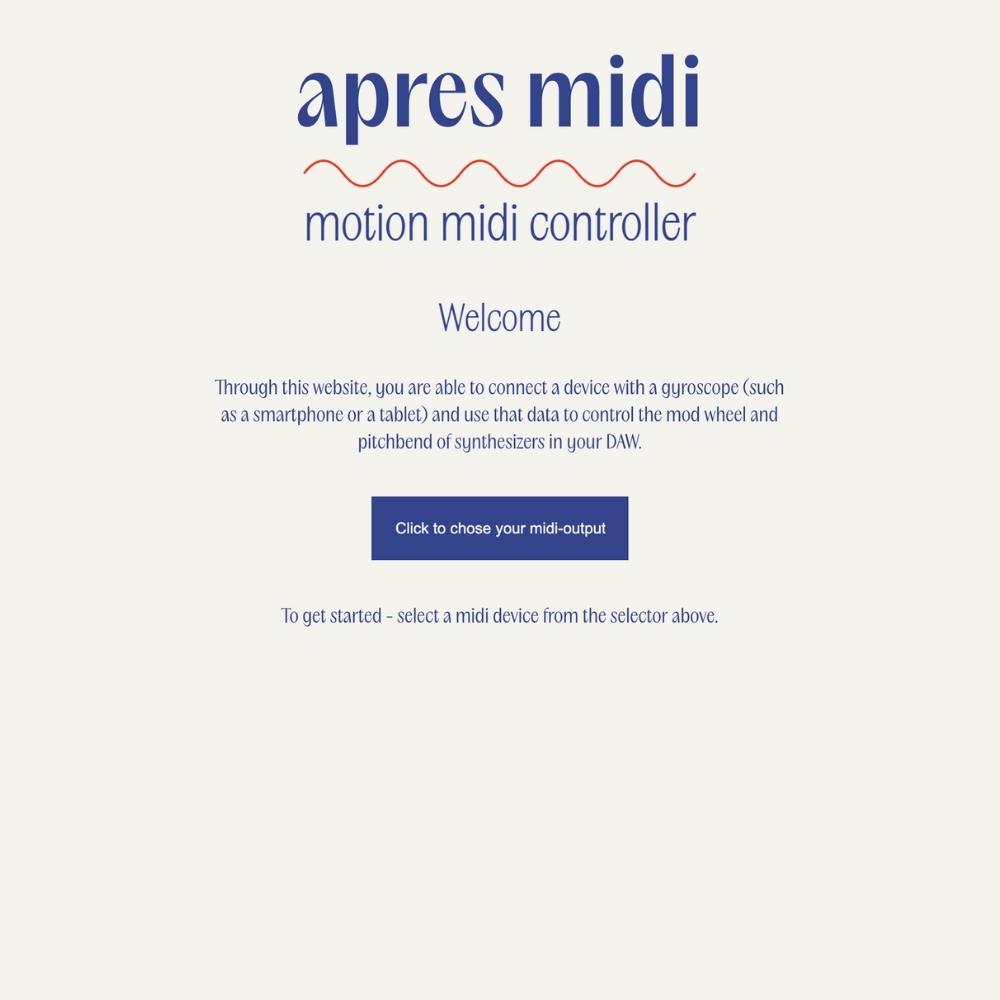 Screenshot of the apres midi motion MIDI controller website. The page invites users to select a MIDI device to control synthesizers, with a blue button labeled Click to chose your midi-output in the center.