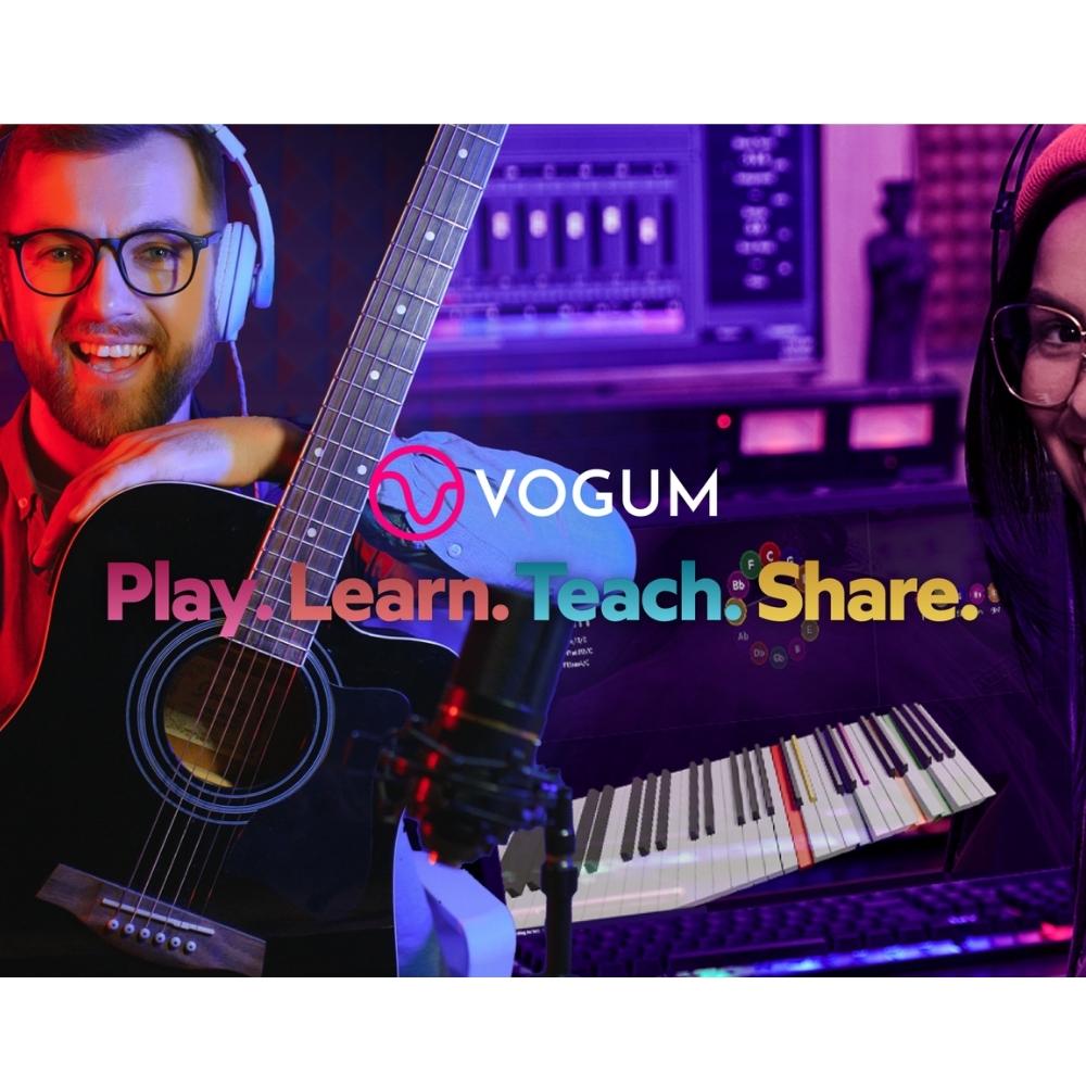 Two people with headphones, a guitar, and a keyboard are in a colorful music studio. The text reads VOGUM. Play. Learn. Teach. Share. over a background of recording equipment.