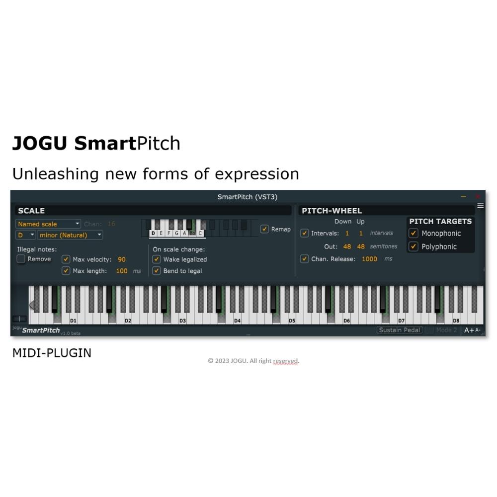 Screenshot of the JOGU SmartPitch MIDI plugin interface, displaying scale selection, pitch-wheel options, and keyboard, with the text: Unleashing new forms of expression.