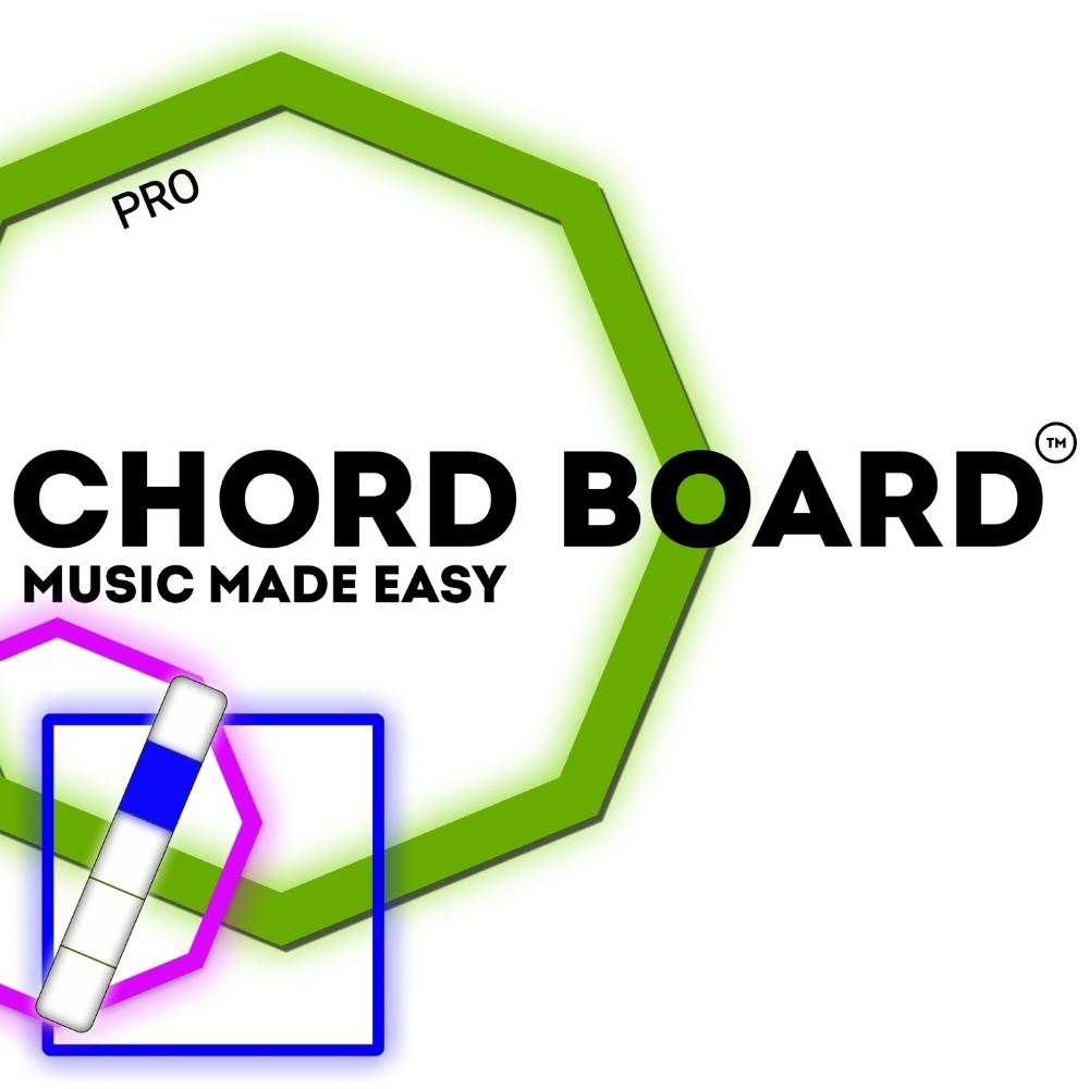 Logo for Chord Board Pro featuring a green hexagon outline, the text CHORD BOARD MUSIC MADE EASY, and a white and blue rectangular object inside a blue box in the lower left corner.