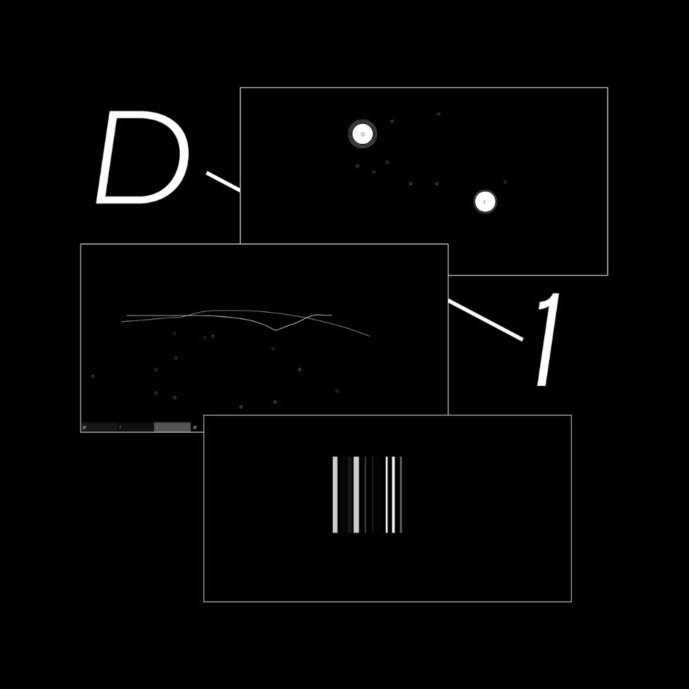 Abstract digital art with three overlapping black rectangles containing minimal white elements: circles, dots, a jagged line, and vertical bars resembling a barcode. Large D and 1 appear in the background.