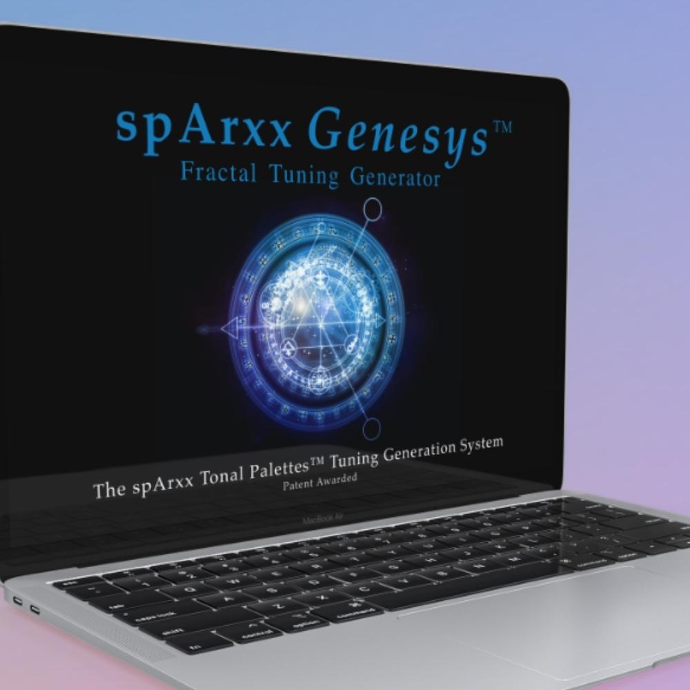 A laptop displaying the spArxx Genesys Fractal Tuning Generator screen, featuring a glowing blue circular design and patent information, against a gradient background.