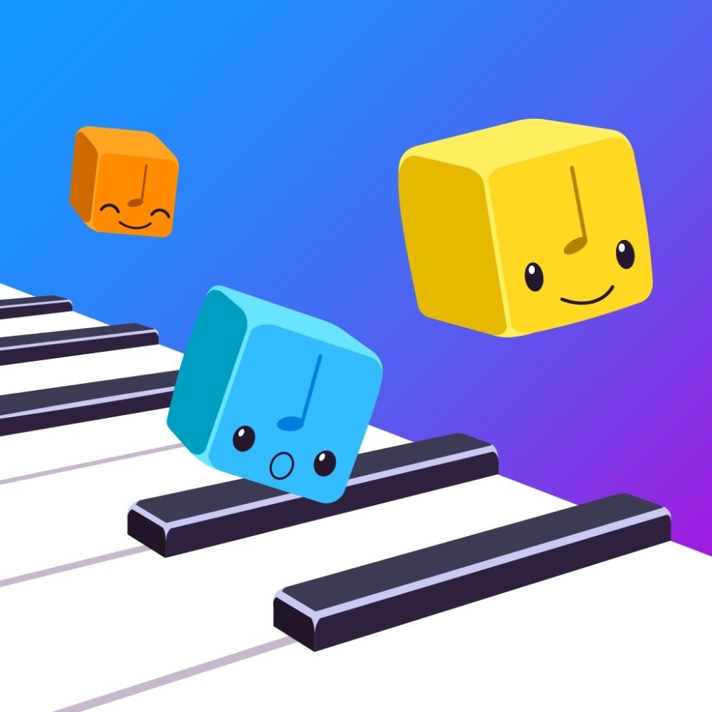 Three colorful, smiling music note blocks—orange, blue, and yellow—hover above piano keys on a gradient blue and purple background. The blocks each have a musical note drawn on their faces.