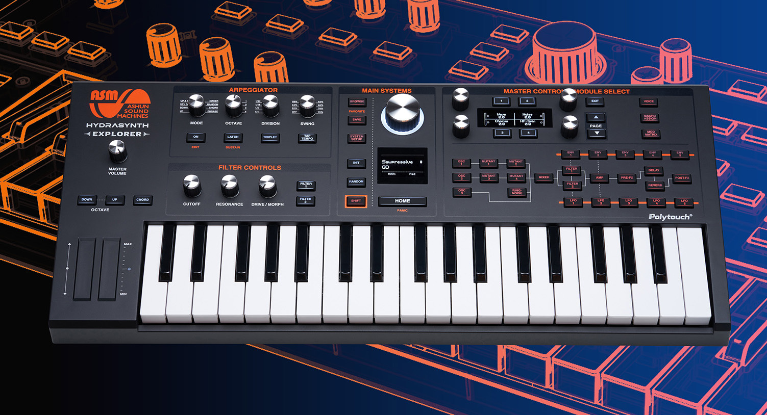 A black-and-white Hydrasynth Explorer synthesizer keyboard with multiple knobs, buttons, and an LCD screen is shown against a blue and orange illustrated background of other synthesizer controls.