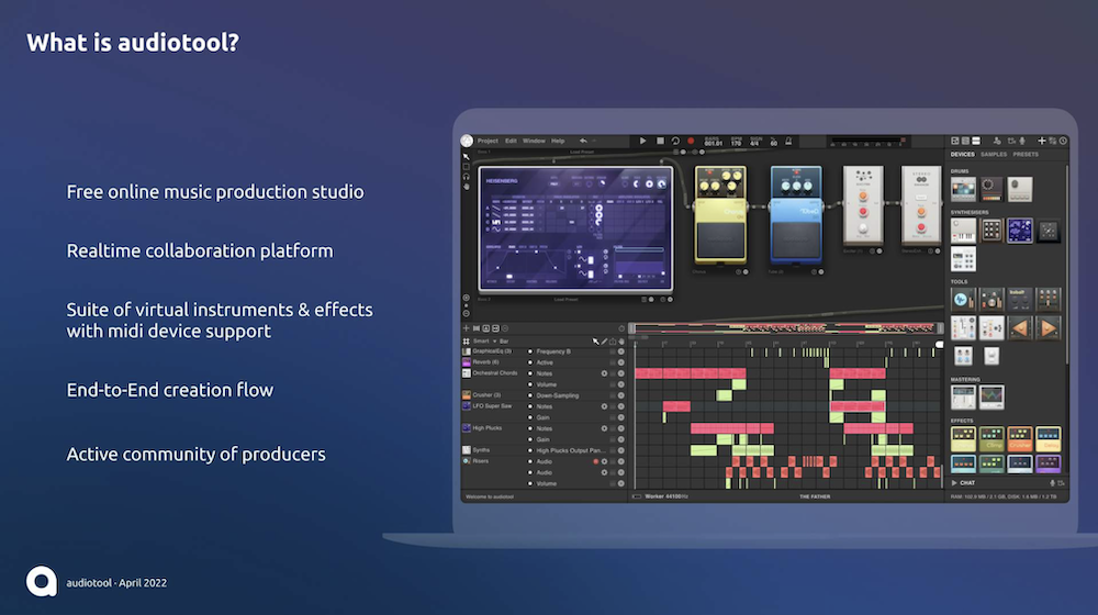 A laptop displays the Audiotool music production interface. Text on the left lists features: free online studio, real-time collaboration, instruments and effects, end-to-end workflow, and an active user community.