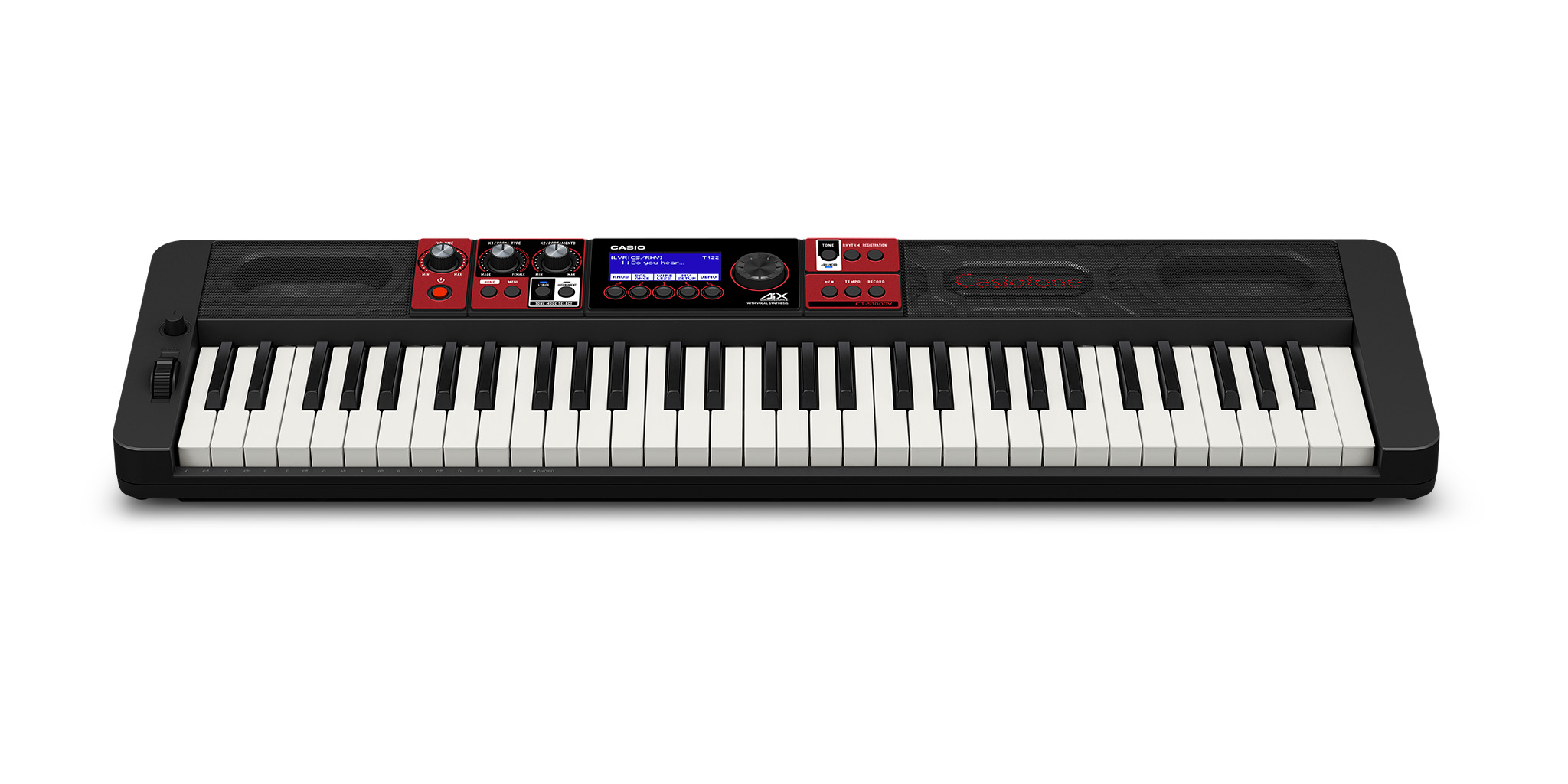 A compact Casio Casiotone electronic keyboard with 37 black and white keys, red and black control panels, built-in speakers, and a digital display at the center.