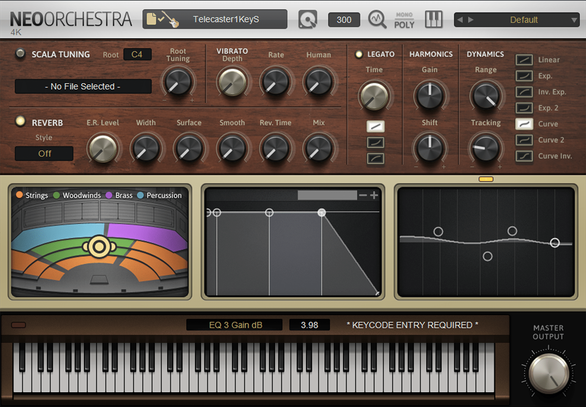 A digital instrument interface labeled NeoOrchestra shows tuning, vibrato, legato, harmonics, dynamics, and reverb controls, EQ graphs, a keyboard, and various instrument selection buttons.