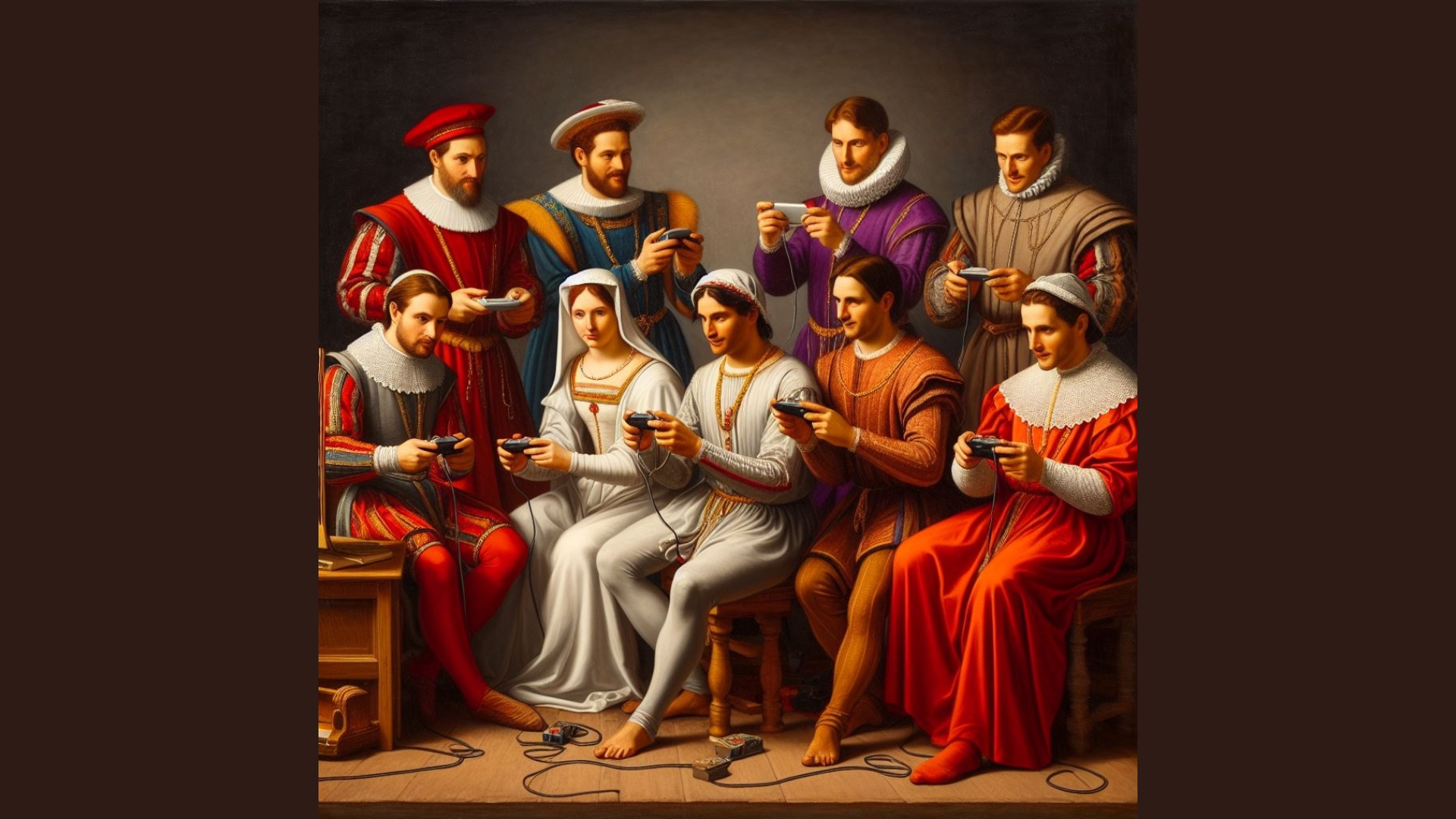 A group of people dressed in Renaissance-era clothing sit together, focused on playing video games with modern controllers, blending historical and contemporary elements in a humorous scene.