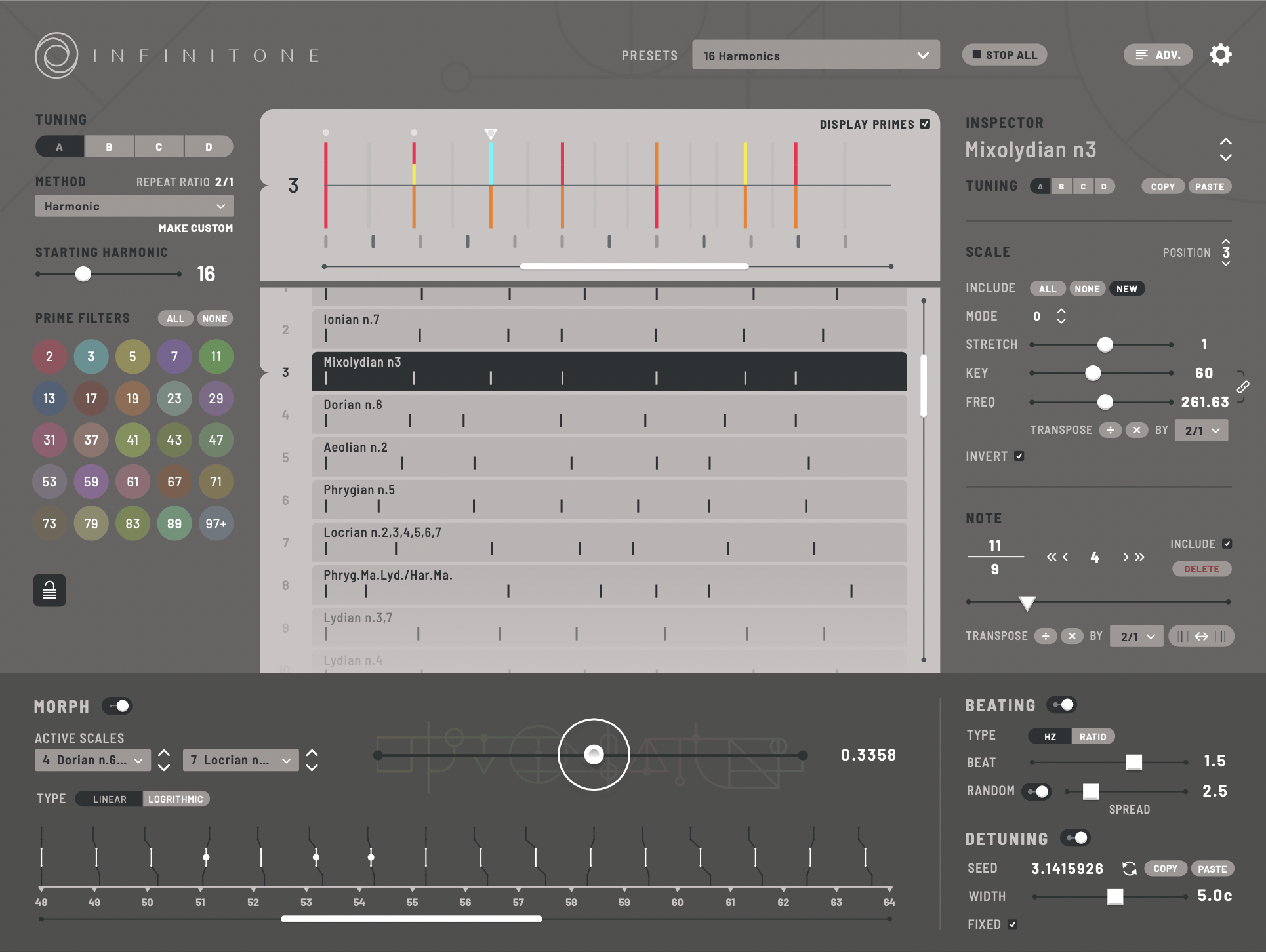 A digital music interface displays tuning, scale, and key settings. Colorful tuning buttons are on the left, with Mixolydian n3 scale selected. Graphs, sliders, and numeric controls fill the center and right panels.