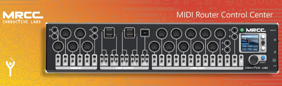 Front view of the MRCC MIDI Router Control Center by Conductive Labs, showing various MIDI input and output ports, control buttons, a display screen, and branding on an orange gradient background.