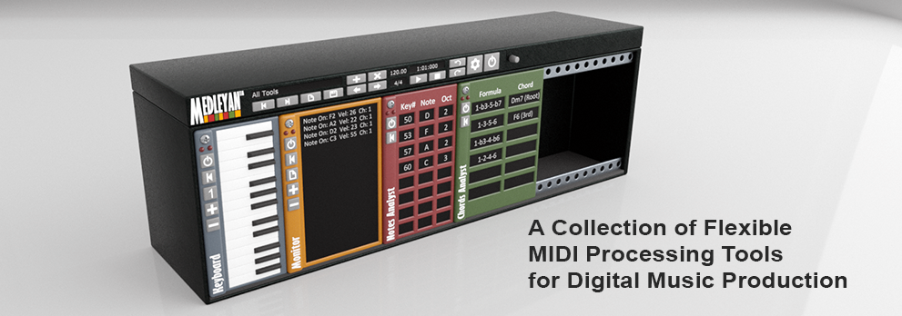 A 3D-rendered image of a digital MIDI processing tool interface with keyboard, patcher, and formula panels. Text reads: A Collection of Flexible MIDI Processing Tools for Digital Music Production.