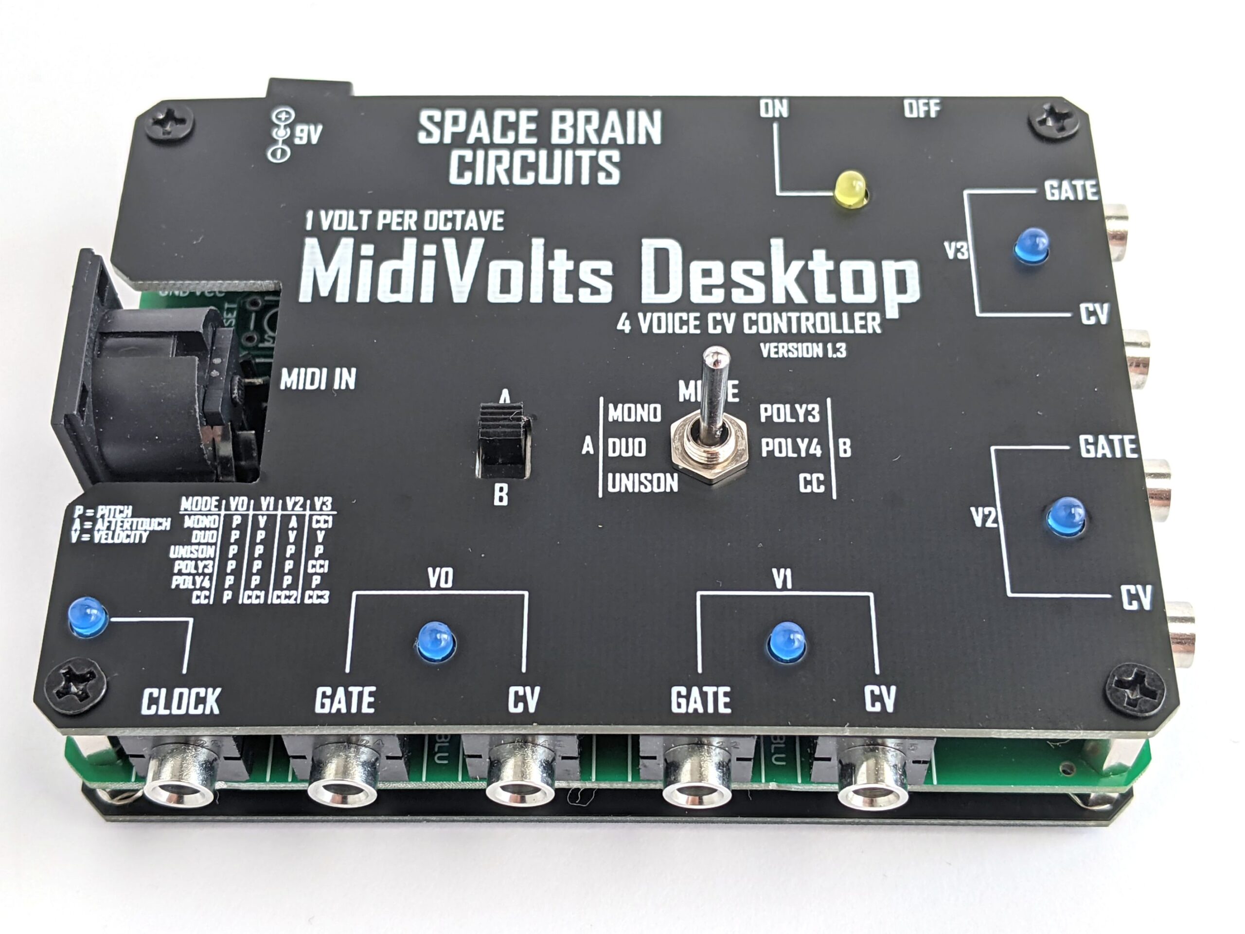 A black electronic device labeled MidiVolts Desktop 4 Voice CV Controller by Space Brain Circuits, featuring various labeled jacks, buttons, a switch, and indicator lights on its top panel.