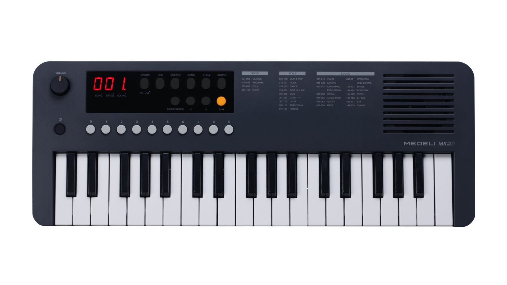 A compact black and white electronic keyboard with 32 keys, control buttons, a digital display, a volume knob, and a built-in speaker on the right side. The brand name MEDELI MK37 is visible.